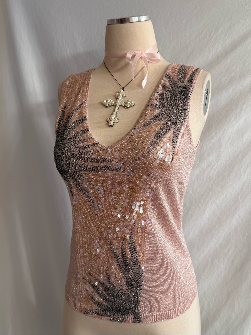 Vintage Metallic Pink Beaded Top - Picture 2 of 7